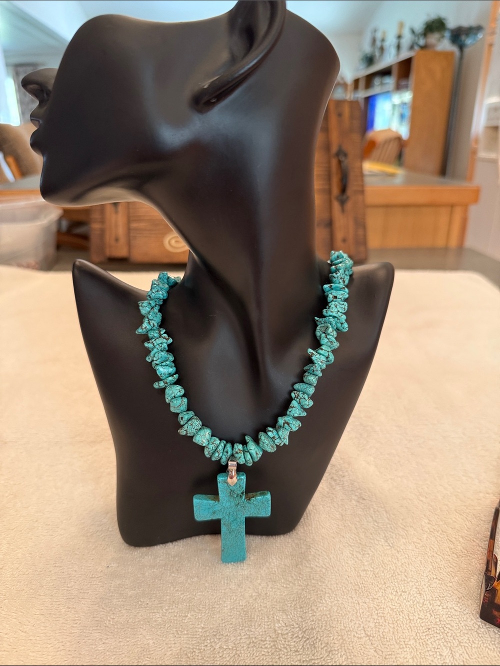 Turquoise Chip & Silver Cross Necklace